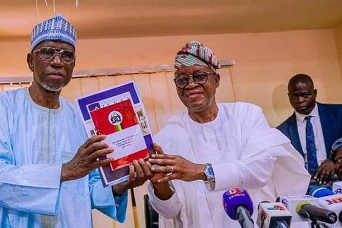 Left: Prof. Abubakar Rasheed, the Secretary, National University Commission (NUC), presenting letter of recognition of Ilesa University to Gov. Gboyega Oyetola.