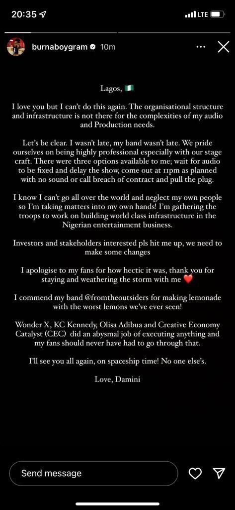 Burna Boy's Instagram Story January 02, 2022