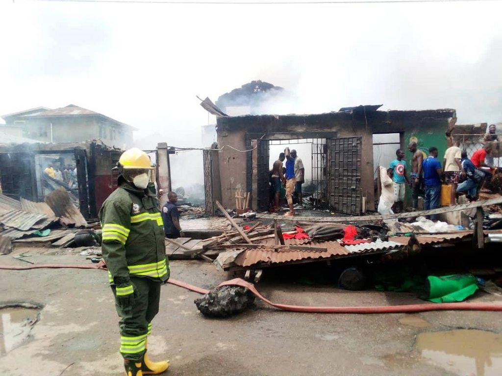 Scene of a fire incident at Mushin market on Saturday, August 1, 2020 [LASEMA]