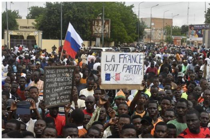 Protesters hold an anti-France placard during a demonstration on independence day in Niamey on August 3, 2023 (Photo by AFP) [Channels TV]