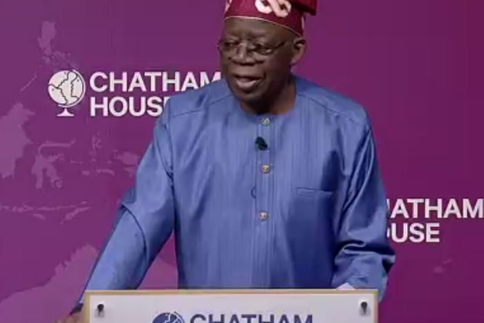 Biola Tinubu speaking at Chatham House in the United Kingdom.