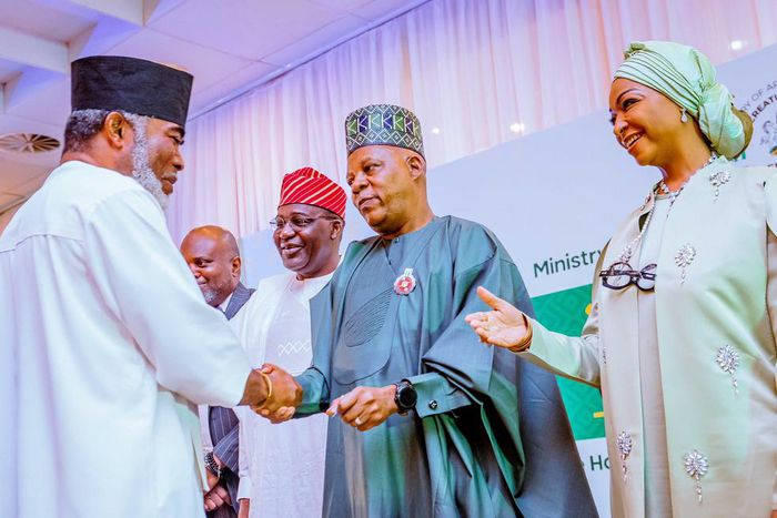 Vice President, Kashim Shettima, flanked on the right by the Minister of Art, Culture and Creative Economy, Barrister Hannatu Musawa, exchanging pleasantries with Nollywood veteran, Zack Orji. [Presidency]