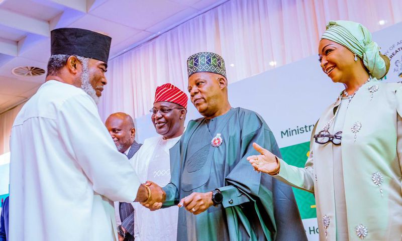 Vice President, Kashim Shettima, flanked on the right by the Minister of Art, Culture and Creative Economy, Barrister Hannatu Musawa, exchanging pleasantries with Nollywood veteran, Zack Orji. [Presidency]