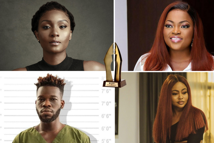 Osas Ighodaro (top left), Funke Akindele (top right), Broda Shaggi (bottom left) and Teni Aladese (bottom right) can each walk home with back-to-back AMVCAs