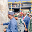 INEC Chairman, Prof Mahmood Yakubu (2nd right) inspecting the last consignment of Bimodal Voter Accreditation System (BVAS)  machines at the Nnamdi Azikikwe International Airport, Abuja on Tuesday, Jan. 3, 2023.