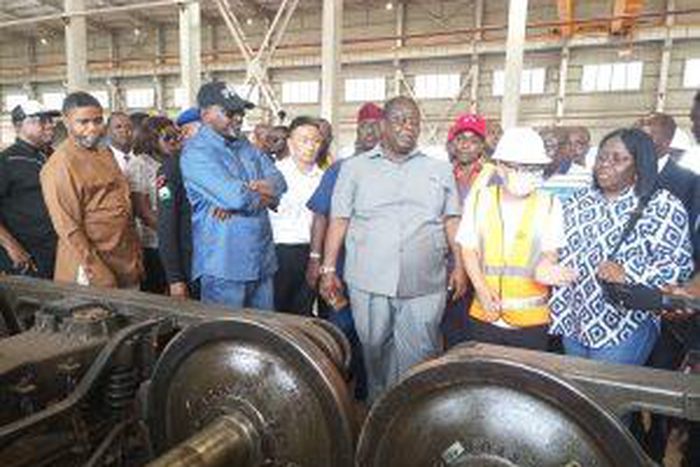 From 3rd left, the Minister of Transportation, Mr Muazu Sambo, the Managing Director, Nigerian Railway Corporation, Mr Fidet Okhiria and the Pem. Sec. Ministry of Transportation, Dr Magdalene Ajani during the Minister’s visit to Kajola to inspect the R...