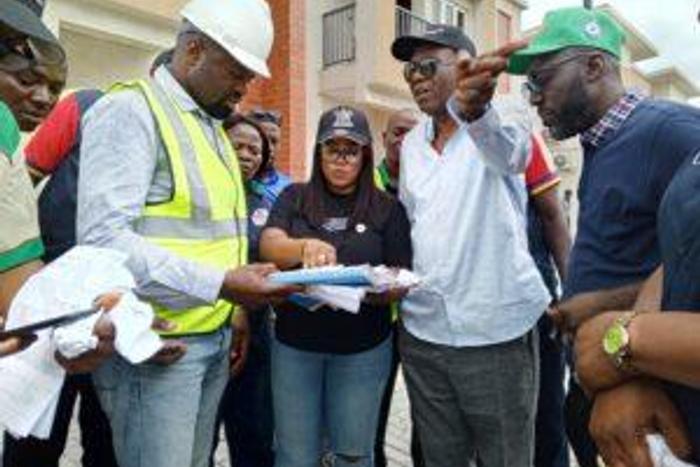 L-R: Mr Simeon Ebu, Project Manager, Urban Shelter Nigeria Ltd; Mrs Barakat Odunuga-Bakare, Special Adviser to Governor Babajide Sanwo-Olu on Housing; the Commissioner for Housing, Mr Moruf Akinderu-Fatai and the Permanent Secretary, Ministry of Housin...