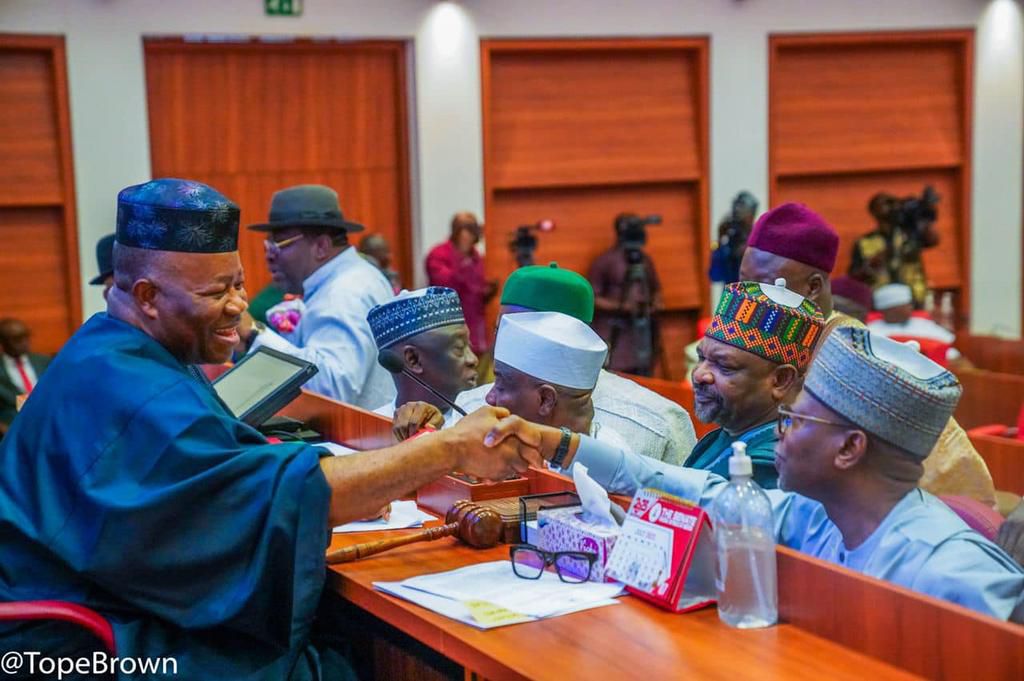 Nigerian senators with Senate President Godswill Akpabio (left) [Tope Brown]