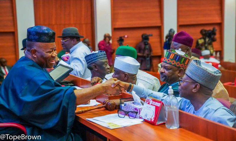 Nigerian senators with Senate President Godswill Akpabio (left) [Tope Brown]