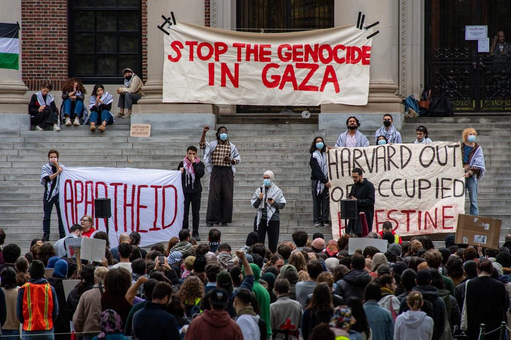 Supporters of Palestine gather at Harvard University to show their support for Palestinians in Gaza at a rally in Cambridge, Massachusetts, on October 14, 2023. Joseph Prezioso/AFP via Getty Images