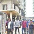 Gov. Babajide Sanwo-Olu of Lagos State (M); Commissioner for Physical Planning and Urban Development, Mr Tayo Bamgbose-Martins (2rd L); Special Adviser on Works and Infrastructure, Mrs Aramide Adeyoye during the Governor’s Inspection to the Collapsed B...