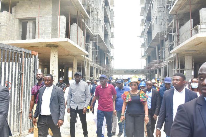 Gov. Babajide Sanwo-Olu of Lagos State (M); Commissioner for Physical Planning and Urban Development, Mr Tayo Bamgbose-Martins (2rd L); Special Adviser on Works and Infrastructure, Mrs Aramide Adeyoye during the Governor’s Inspection to the Collapsed B...