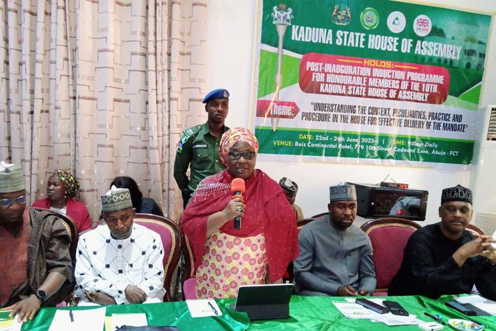 Kaduna State Deputy Governor, Dr Hadiza Balarabe, making a presentation at a three-day post-inauguration induction programme for members of the 10th Kaduna State House of Assembly in Abuja on Wednesday