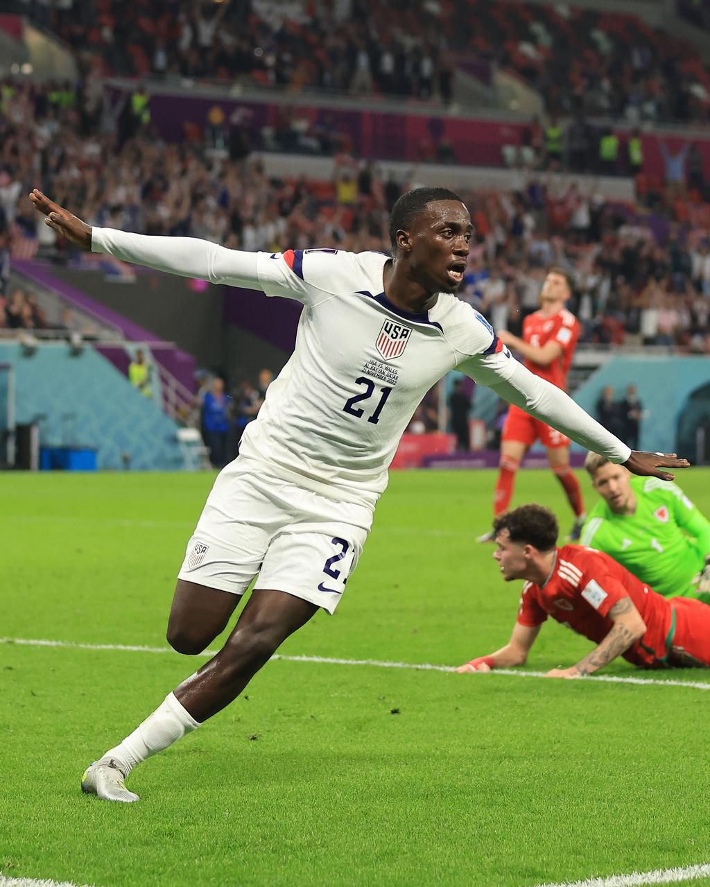 Timothy Weah in full flight after his goal against Wales on November 21, 2022.