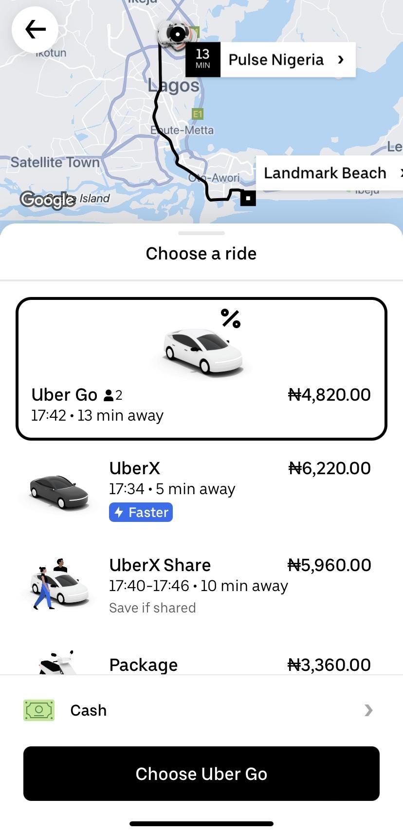 Uber in-app (screenshot)