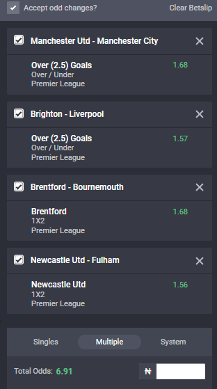 Bet9ja odds for the Premier League