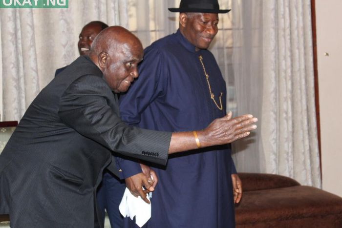 Former President Goodluck Jonathan and Zambia's first President, Kenneth Kaunda. [OkayNG]