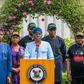 Gov. Babajide Sanwo-Olu addressing residents on the ongoing situation (change of currency notes and cases of POS and Petrol Station attendants) in the country, at the Lagos House, Marina, on Saturday, Feb. 18, 2023. With him are (L-R): Commissioner for...