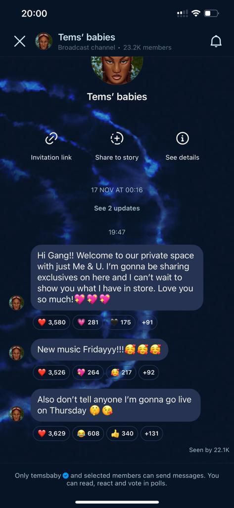 Tems says the channel will serve as a medium for exclusive news.