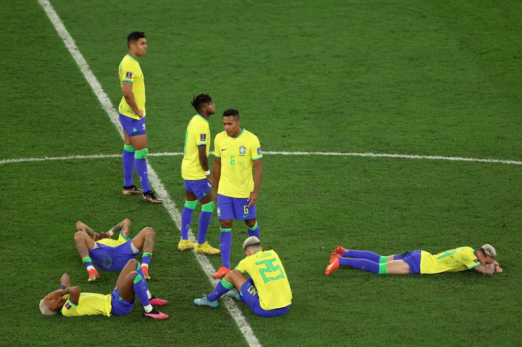 Brazil players looking dejected after being eliminated from the World Cup by Croatia