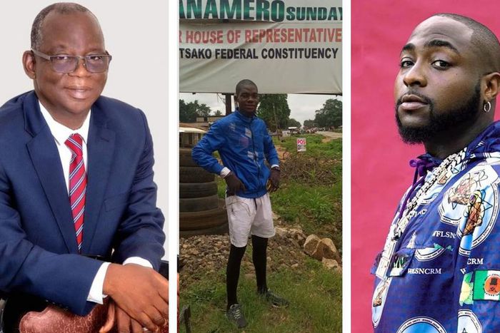 L-R: Benue senator, Emmanuel Udende; cling Davido fan, Emmanuel Myam, aka Emmiwuks; and Davido.