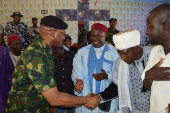 Maj.-Gen. Abdusalam Abubakar, the Commander of OPSH with some stakeholders during a security meeting in Mangu, Plateau.