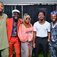L-R Femi Leye, Nigerian guitarist and singer; PD Wallson of 121selah; Evelle, singer and songwriter; Kotrelle, afro pop-soul artist and Karkarkey, ace talking drummer and percussionist at the Shut Down Concert of Make Music Lagos 2023 which was held at...