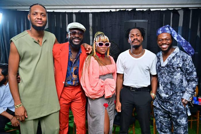 L-R Femi Leye, Nigerian guitarist and singer; PD Wallson of 121selah; Evelle, singer and songwriter; Kotrelle, afro pop-soul artist and Karkarkey, ace talking drummer and percussionist at the Shut Down Concert of Make Music Lagos 2023 which was held at...