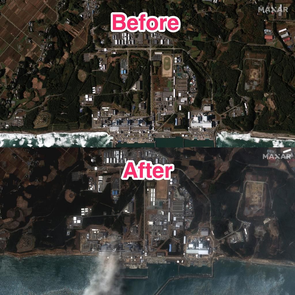 The 2011 tsunami triggered another disaster when the Fukushima Nuclear Power Plant melted down when the waves knocked out its generators.Satellite image 2024 Maxar Technologies