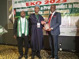 L-R: National President, Association of Public Procurement Practitioners of Nigeria (APPON), Emem Kanico; a relative of late President Umaru Musa Yar’Adua, Alhaji Bashir Tanimu and immediate past Vice Chancellor, University of Lagos,  Prof. Oluwatoyin ...