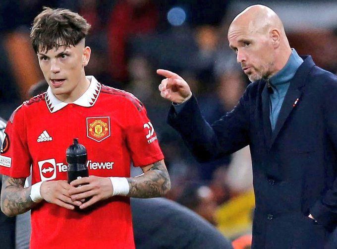 Manchester United manager Erik ten Hag giving instructions to teenage sensation Garnacho