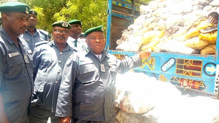 The Nigeria Customs Service Area Controller of Kebbi, Dr Ben Oramalugo, displaying intercepted donkey meat and skins in Birnin Kebbi on Friday, May 19, 2023. [NAN]