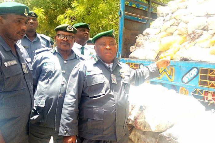 The Nigeria Customs Service Area Controller of Kebbi, Dr Ben Oramalugo, displaying intercepted donkey meat and skins in Birnin Kebbi on Friday, May 19, 2023. [NAN]