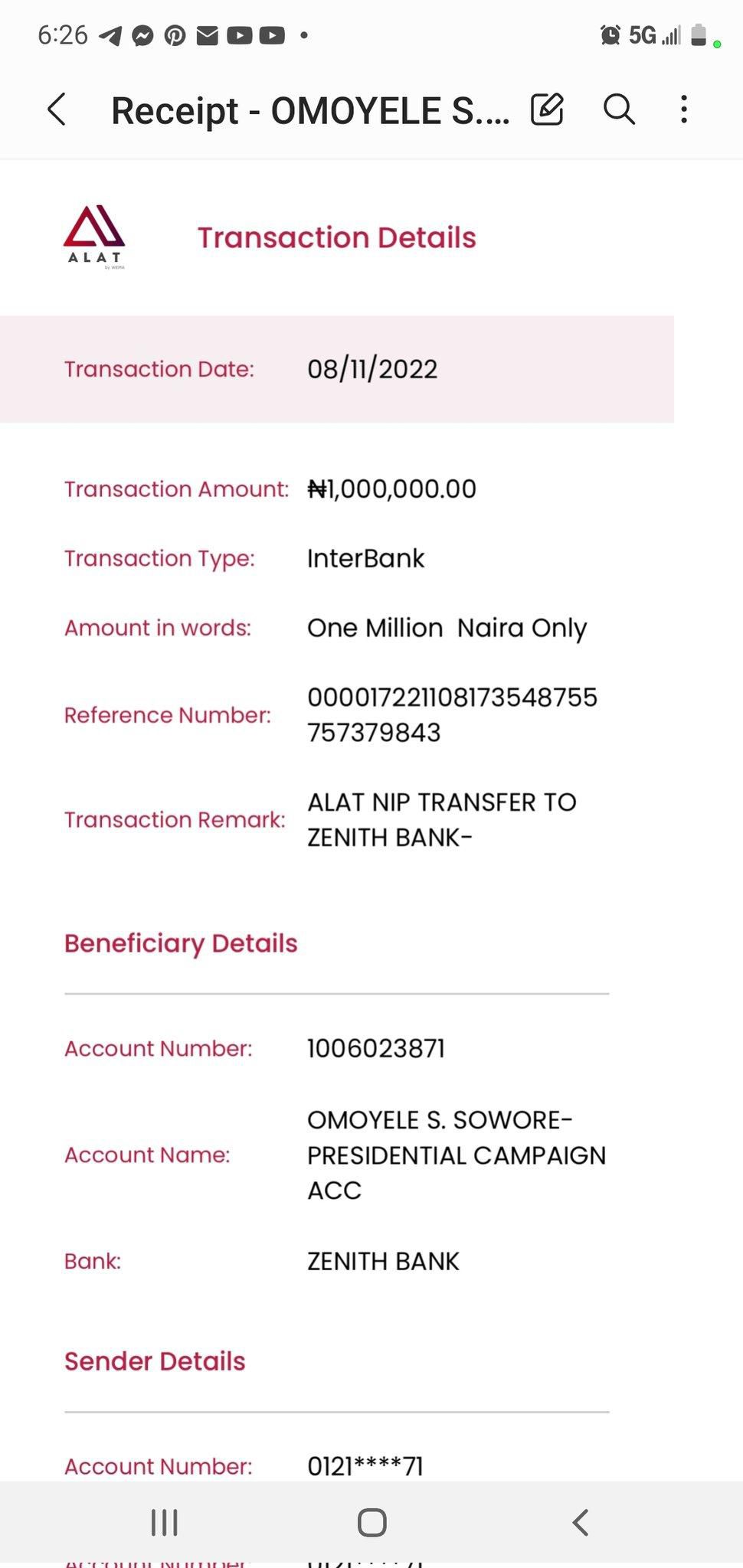 Receipt of N1m deposit into Sowore's camapaign account. [Twitter:LorettaOladayo]