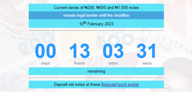 A screenshot of the CBN countdown to the February 10 deadline for cash swap. (CBN)