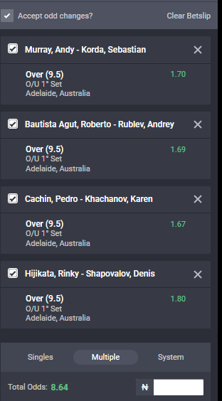 Bet9ja odds for the Adelaide Australian ATP