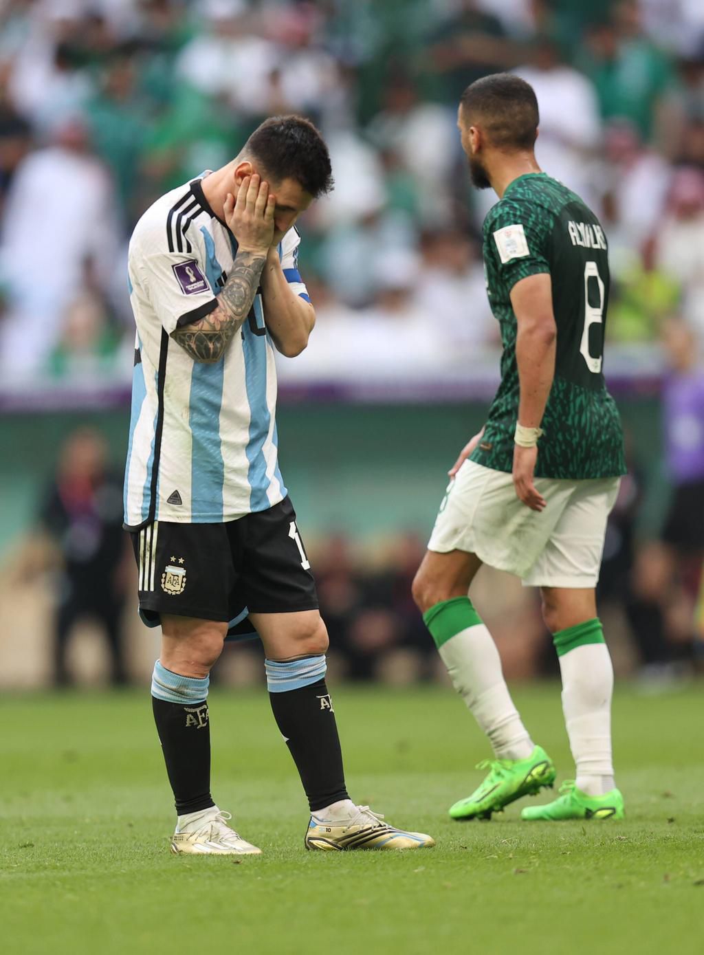 Lionel Messi of Argentina reacts to defeat on November 22, 2022 against Saudi Arabia