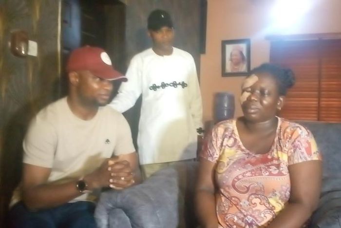 Sitting left: Lagos State PDP governorship candidate, Jandor with the  injured victim, Mrs Seifegha.