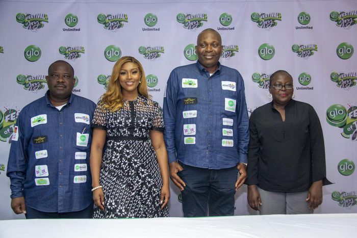 Head, Enterprise Business Group at Globacom, Mr Zakari Usman; Actress, Osas Ighodaro; Globacom’s Head of Web/ETopup/Data Sales, Ugochukwu Ibe, and Deputy Director, National Lottery Regulatory Commission, Mrs Joy Okuna, at the unveiling of a reward prog...
