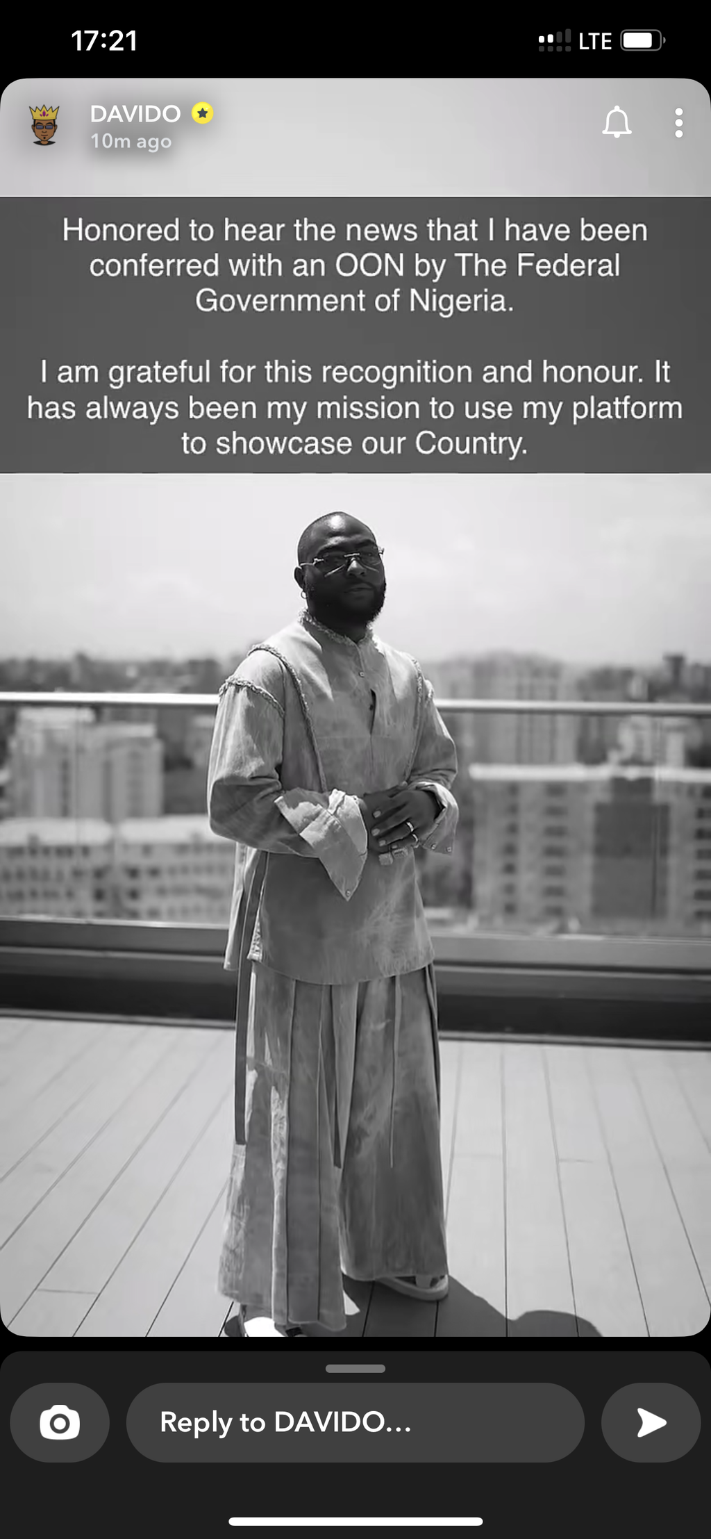 Davido expresses gratitude for OON Award