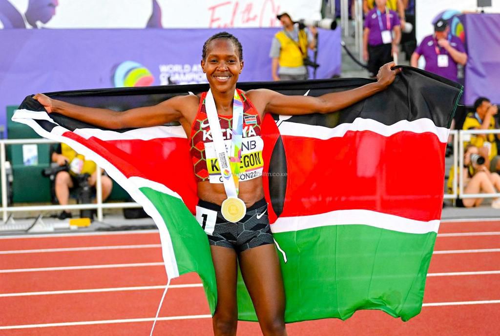 Faith Kipyegon after successfully defending her World Championships title in Oregon