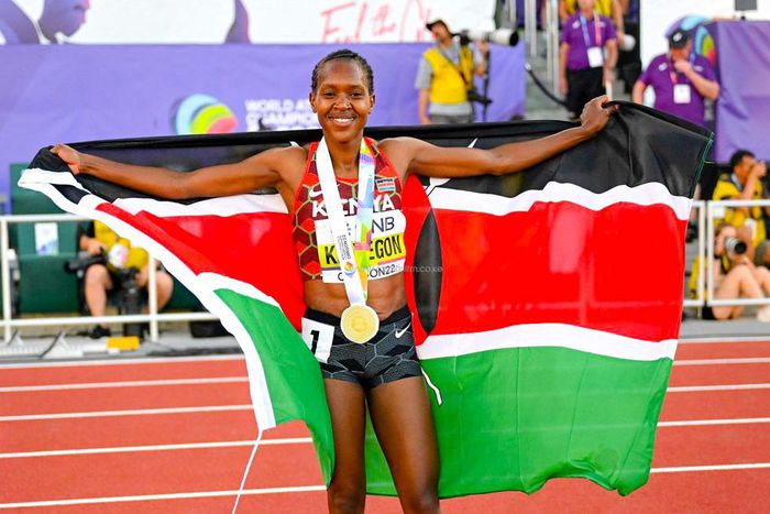 Faith Kipyegon after successfully defending her World Championships title in Oregon