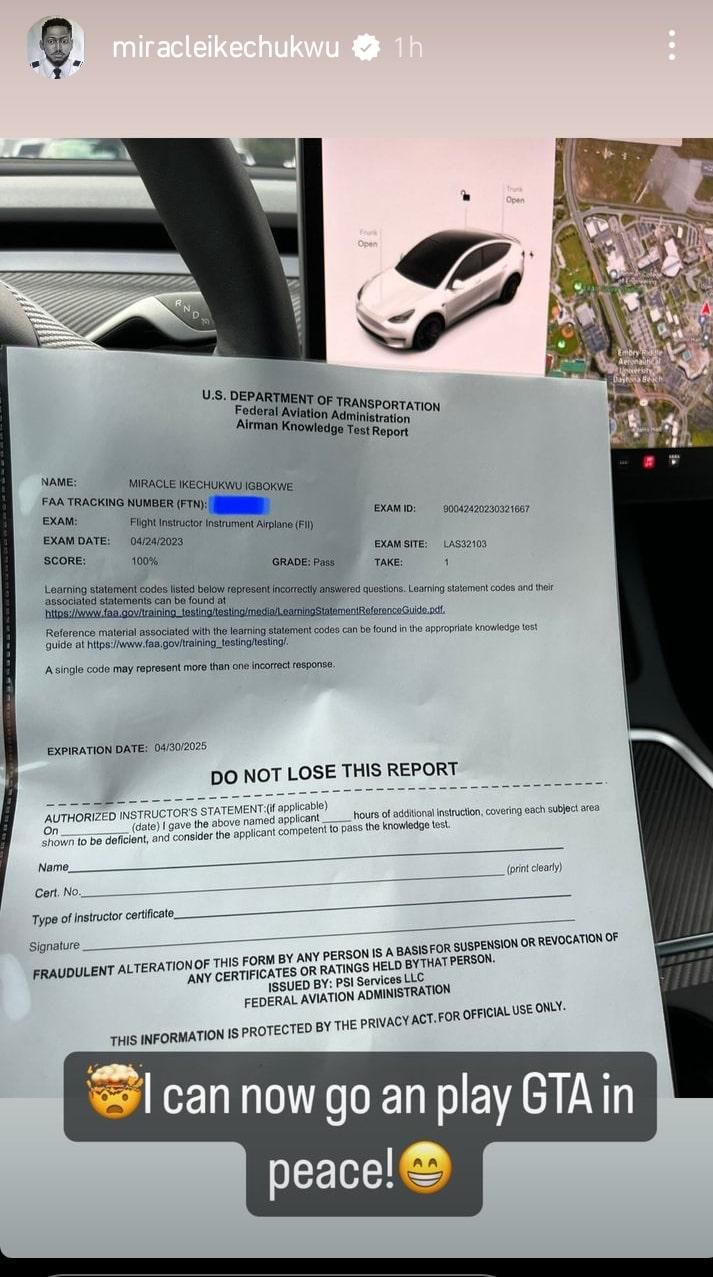 BBNaija's Miracle scores 100% in his Flight Instructor Instrument Aeroplane