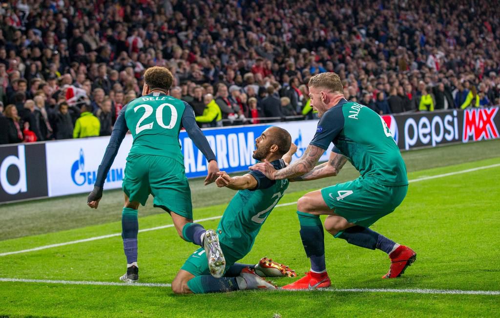 Lucas Moura of Spurs celebrates scoring the winning goal during the UEFA Champions League Semi-Final 2nd leg match between Ajax and Tottenham Hotspur at Johan Cruyff Arena, ArenA