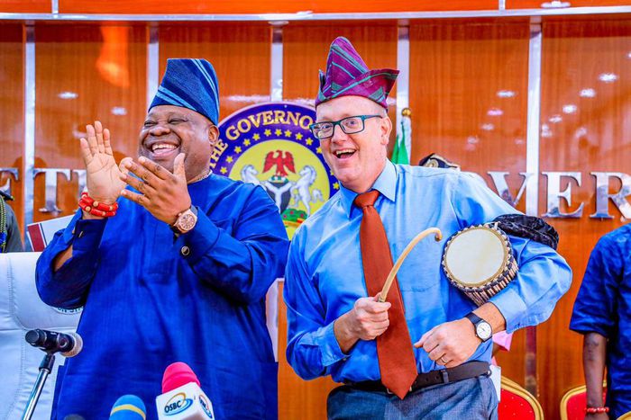 Osun State governor, Ademola Adeleke and Will Stevens, the US Consul General in Lagos. [Twitter:@AAdeleke01]