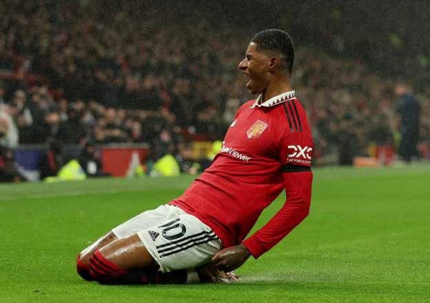 Marcus Rashford celebrates after giving Manchester United the lead against Nottingham Forest