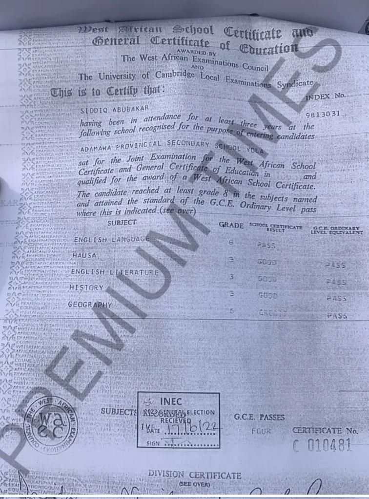 A copy of Atiku Abubakar's WASSCE certificate submitted to INEC bearing the name 'Siddiq Abubakar.