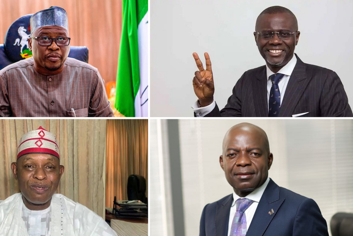 Governor Ahmadu Fintiri of Adamawa State (top left) and Governor Babajide Sanwo-Olu of Lagos State (top right) both won re-elections for another four years in office; while Abba Yusuf of Kano State (bottom left) and Alex Otti of Abia State (bottom righ...