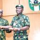 (L-R) Commandant AFCSC, AVM Hassan Alhaji presenting a sword to the Chief of Army Staff, Lt-Gen Taoreed Lagbaja, in Jaji on Tuesday [NAN]