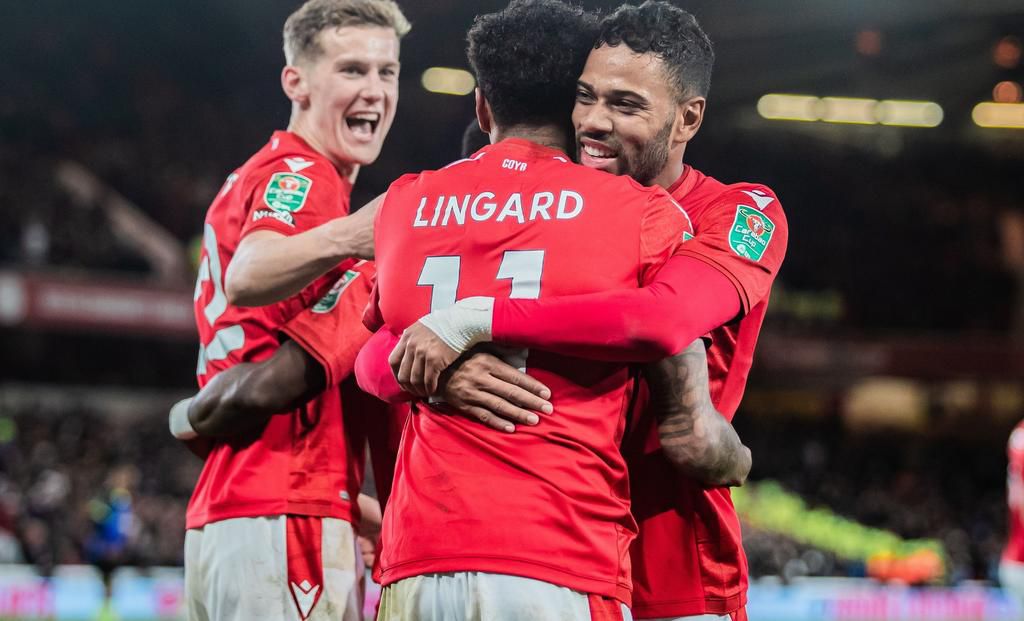 Forest players celebrate with Lingard.